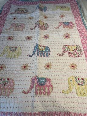 Pottery Barn Kids Pink, Blue, Yellow Elephant Quilted Baby Throw